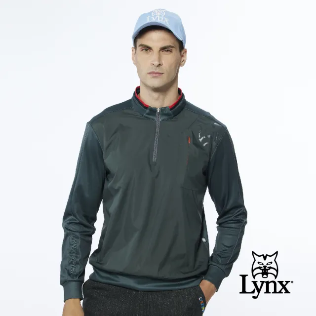 【Lynx Golf】男款雙面組織吸排抗UV壓光山貓印花隱形拉鍊胸袋款長袖立領POLO衫/高爾夫球衫(墨綠色)