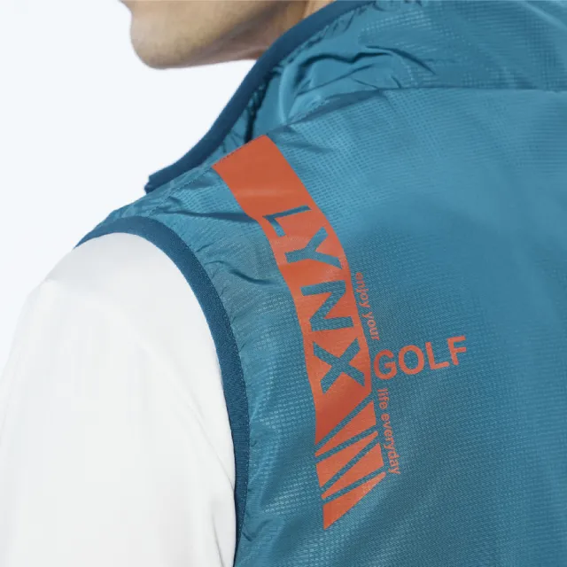 【Lynx Golf】男款保暖舒適幾何曲線菱形印花無袖雙面穿風衣布/刷毛背心(藍綠色)