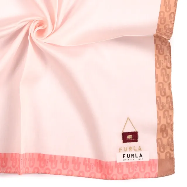 【FURLA 芙拉】刺繡LOGO包包撞色邊框純綿帕巾(粉色)