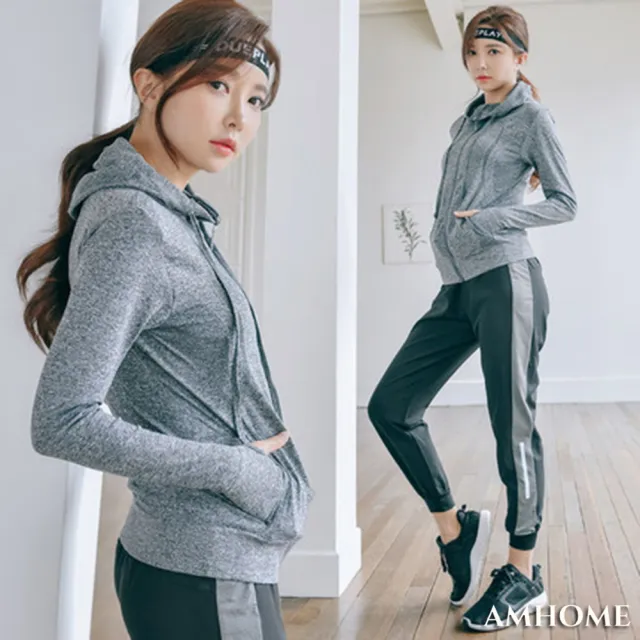 【Amhome】女星健身晨跑瑜珈休閒外套長褲2件式套裝#110635現貨+預購(灰色)