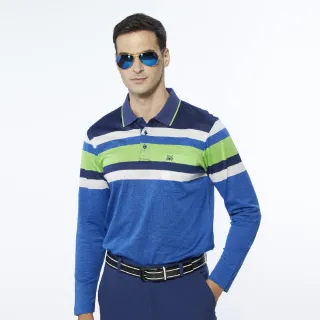 【Lynx Golf】男款歐洲進口布料純棉絲光配色條紋胸袋款長袖POLO衫/高爾夫球衫(藍色)