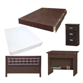 【顛覆設計】房間五件組 皮面床頭片+抽屜床+獨立筒+床頭櫃+書桌(單大3.5尺)