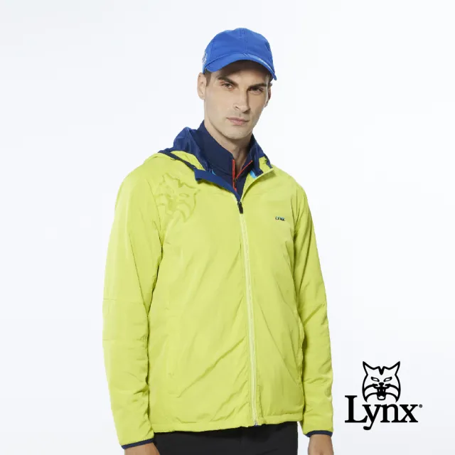 【Lynx Golf】男款保暖防風內刷毛右肩經典大山貓印花長袖連帽外套(黃色)