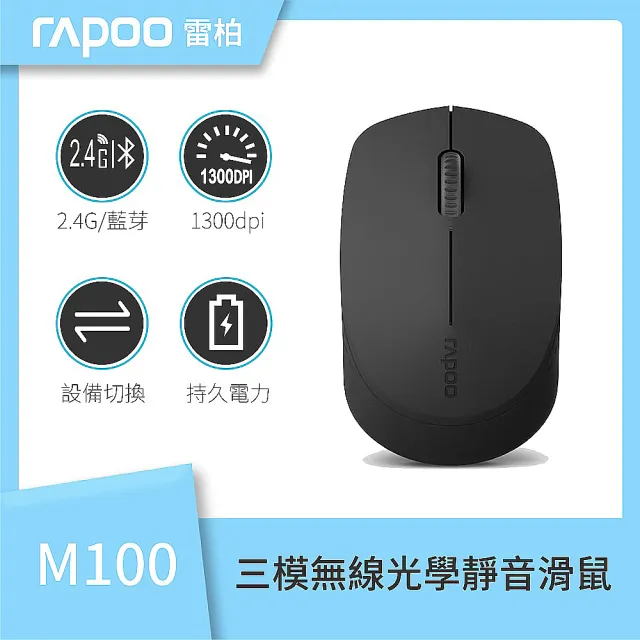 【rapoo 雷柏】M100 SILENT 三模無線光學靜音滑鼠(黑灰/白/藍/紅)