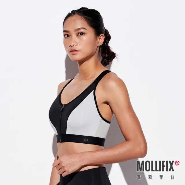 【Mollifix 瑪莉菲絲】高強度前開拉鍊運動內衣、瑜珈服、無鋼圈(黑)