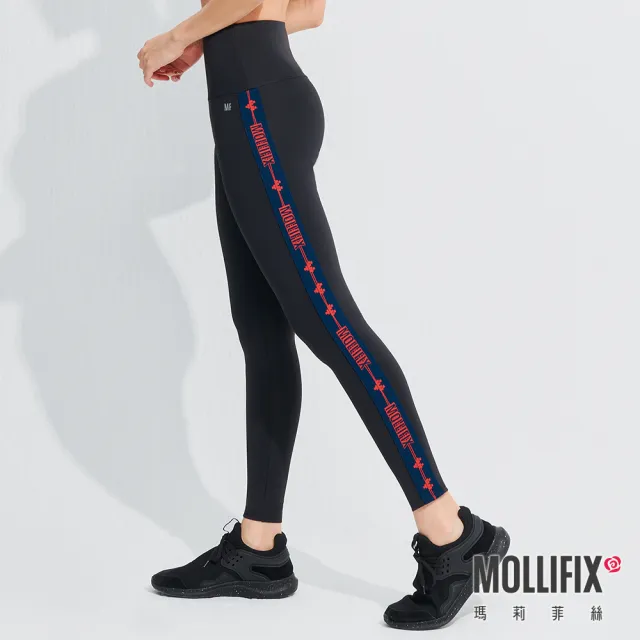 【Mollifix 瑪莉菲絲】Pixel Art 極簡側織帶動塑褲、瑜珈服、Legging(黑)