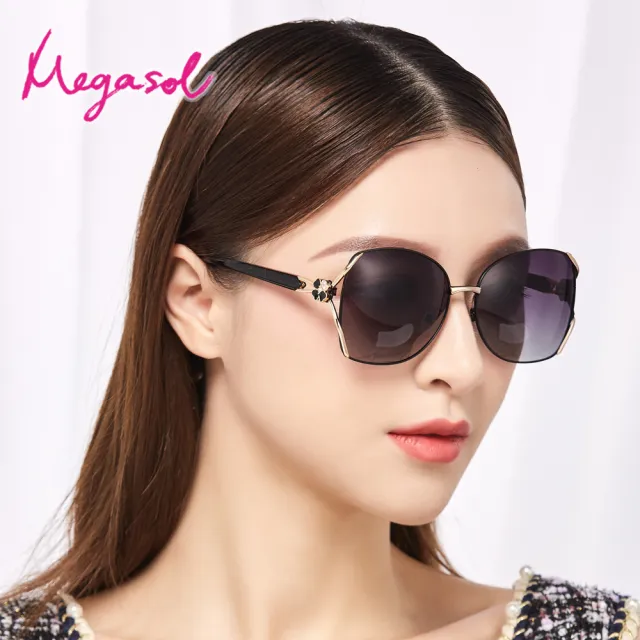 【MEGASOL】UV400防眩偏光太陽眼鏡女仕大框矩方框墨鏡2件組(魅力簍空金屬鑲鑽幸運四葉草框GY-6108-多色選)