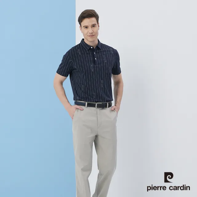 【pierre cardin 皮爾卡登】商務休閒 男款 直條印花短袖POLO衫-深藍色(5217215-38)