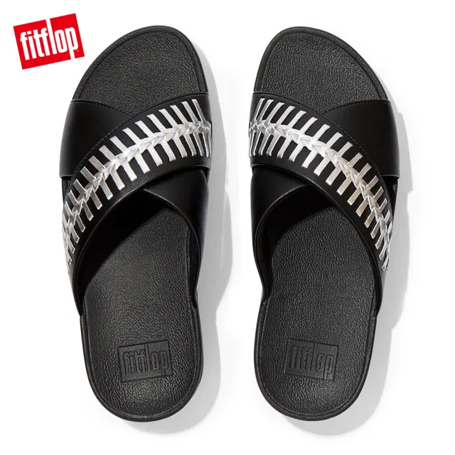 【FitFlop】LULU WRAPPED WEAVE SLIDES 金屬色編織造型交叉雙帶涼鞋-女(黑色)