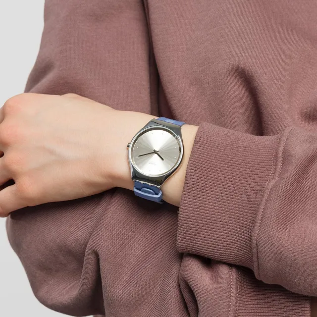 【SWATCH】Skin Irony 超薄金屬系列手錶BLUE MOIRE 藍色波光 瑞士錶 錶(38mm)