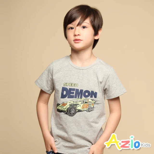 【Azio Kids 美國派】男童  上衣 賽車字母印花短袖上衣T恤(灰)