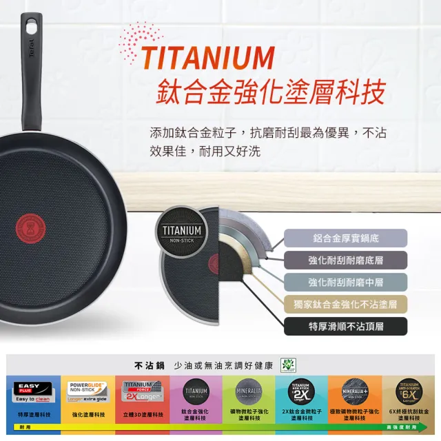 【Tefal 特福】法國製火焰系列28CM不沾鍋平底鍋+玻璃蓋