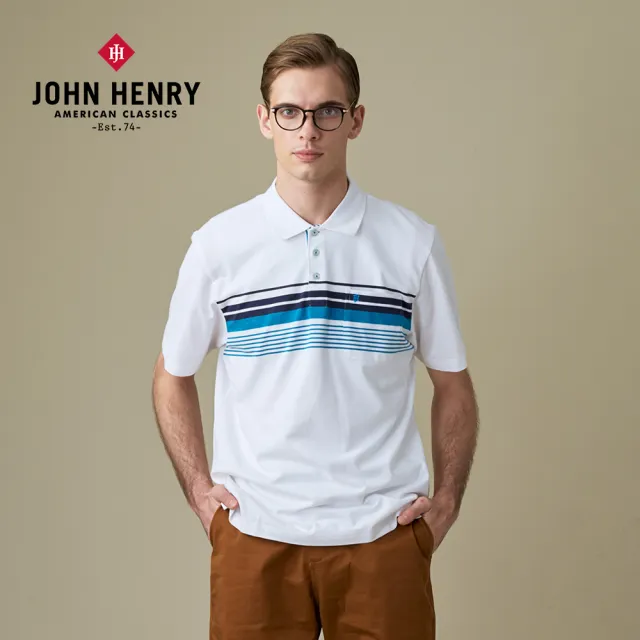 【JOHN HENRY】條紋配色口袋休閒POLO衫-藍