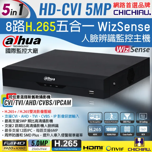 【CHICHIAU】Dahua大華 H.265 5MP 8路CVI 1080P五合一數位高清遠端監控錄影主機(DH-XVR5108HS-I3)