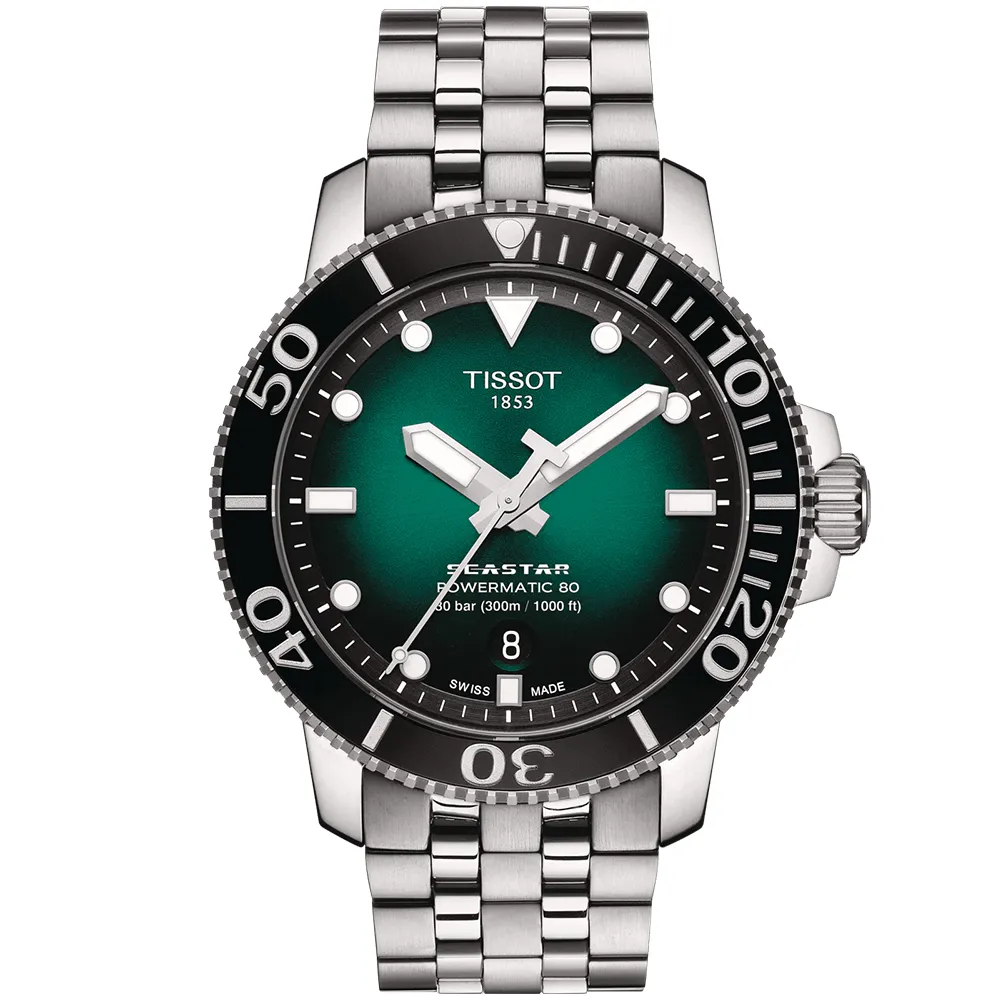 【TISSOT 天梭 官方授權】Seastar 1000海星300米潛水機械錶-43mm/綠水鬼 母親節 禮物(T1204071109101)