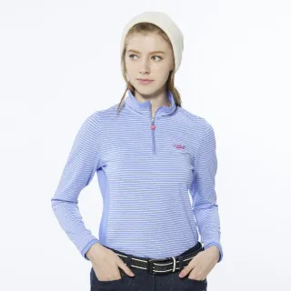 【Lynx Golf】女款合身版造型袖口內刷毛網眼材質條紋款式長袖立領繡花POLO衫/高爾夫球衫(藍色)