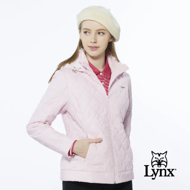 【Lynx Golf】女款吸濕排汗鋪棉保暖素面菱格壓線LOGO鐵牌長袖連帽外套(粉色)