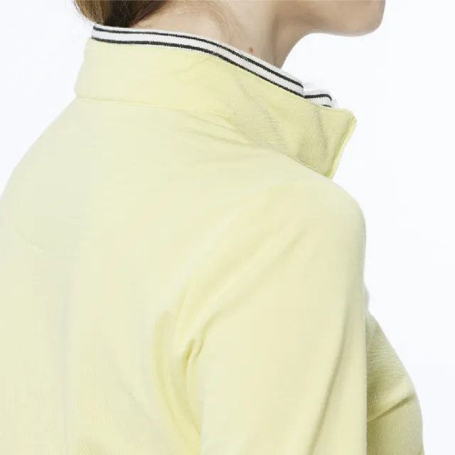 【Lynx Golf】女款假兩件設計內刷毛網眼材質Lynx字樣繡花長袖立領POLO衫/高爾夫球衫(黃色)