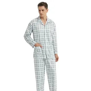 【蕾妮塔塔】美式淺灰格紋 男性開襟長袖兩件式睡衣(R08229-6淺灰)