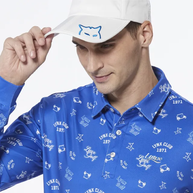【Lynx Golf】男款吸濕排汗滿版果嶺球車俏皮印花長袖POLO衫/高爾夫球衫(藍色)