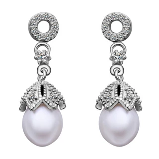 【Aphrodite 愛芙晶鑽】公主風滿鑽花蓋造型珍珠耳環(白金色)