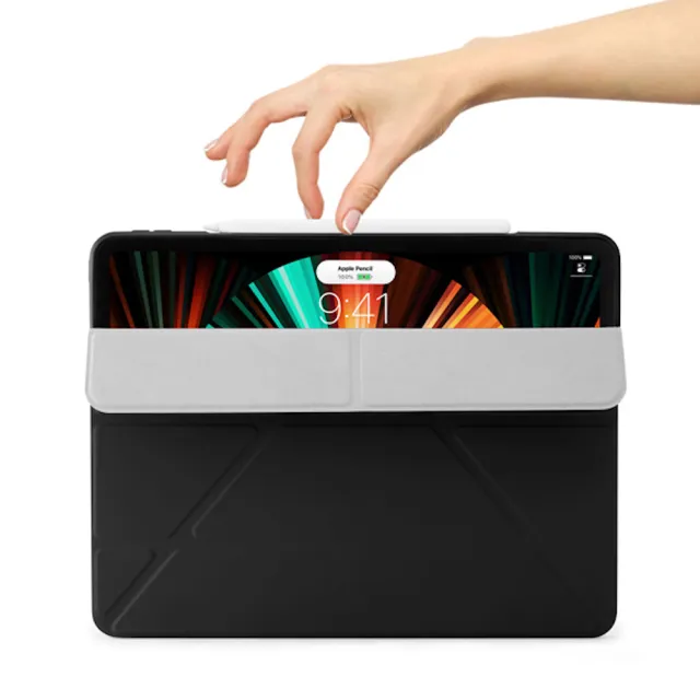 【Pipetto】2022 第6/5代 12.9吋 Origami多角度多功能透明背蓋保護套 黑色(iPad 12.9吋)