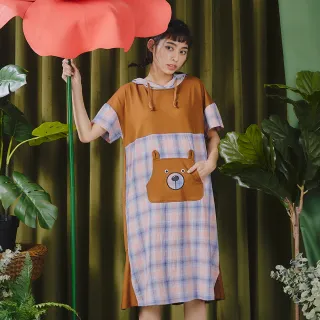 【Dailo】拼接格紋小熊-女短袖洋裝(三色/魅力商品/版型適中)