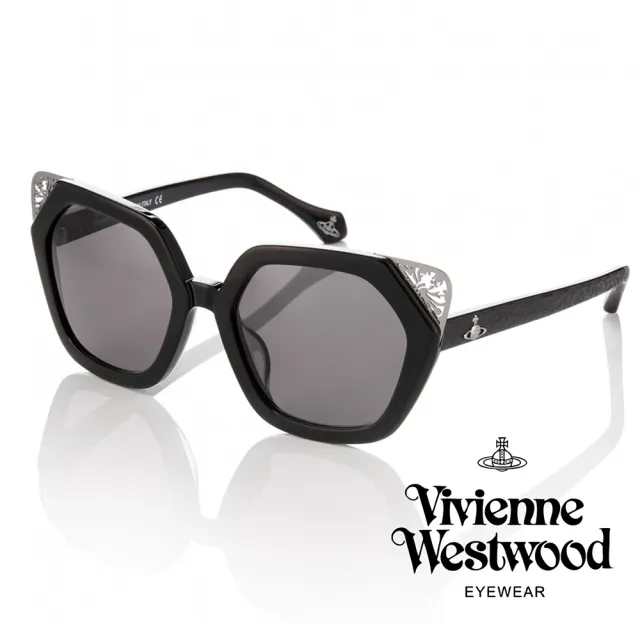 【Vivienne Westwood】薇薇安．魏斯伍德六邊形貓眼花卉金屬亞光壓花太陽眼鏡(黑/槍色 VW897S_01)