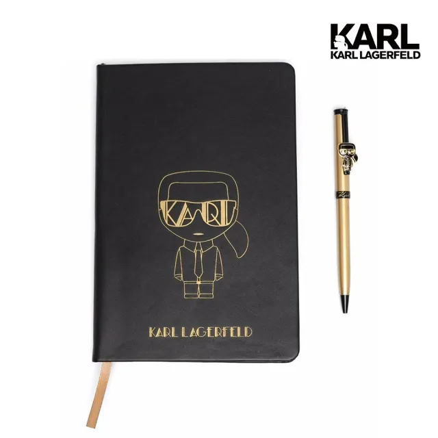 【KARL LAGERFELD 卡爾】IKONIK藝術金框筆記本套組(商用手帳本/圓珠鋼筆/橫頁書寫)