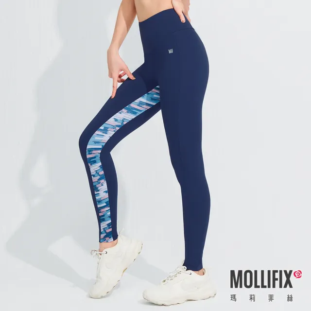 【Mollifix 瑪莉菲絲】Pixel Art 玩色拼接動塑褲、瑜珈服、Legging(經典藍)