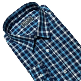 【MURANO】SLIM FIT 長袖襯衫-藍格(台灣製、現貨、俢身)