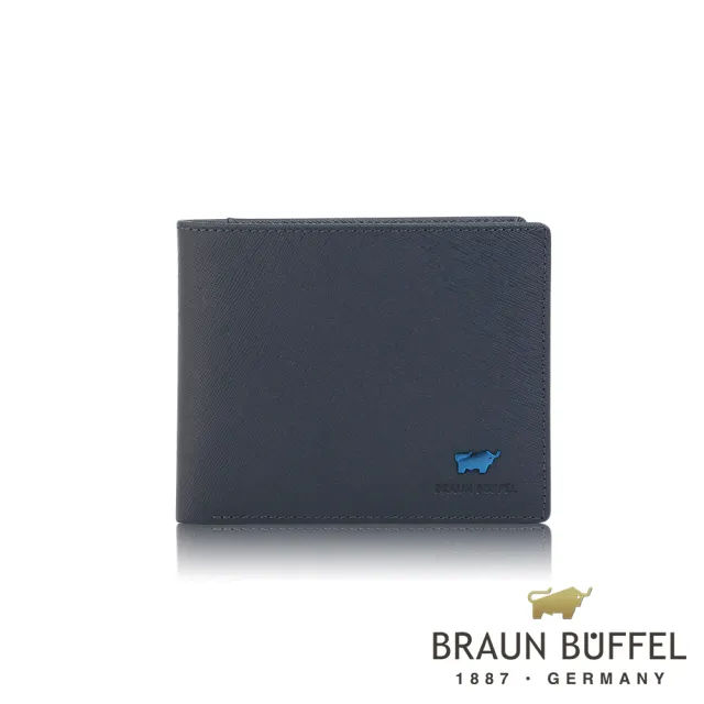 【BRAUN BUFFEL 德國小金牛】台灣總代理 艾康 14卡中間翻透明窗短夾-藍色(BF366-317-NY)