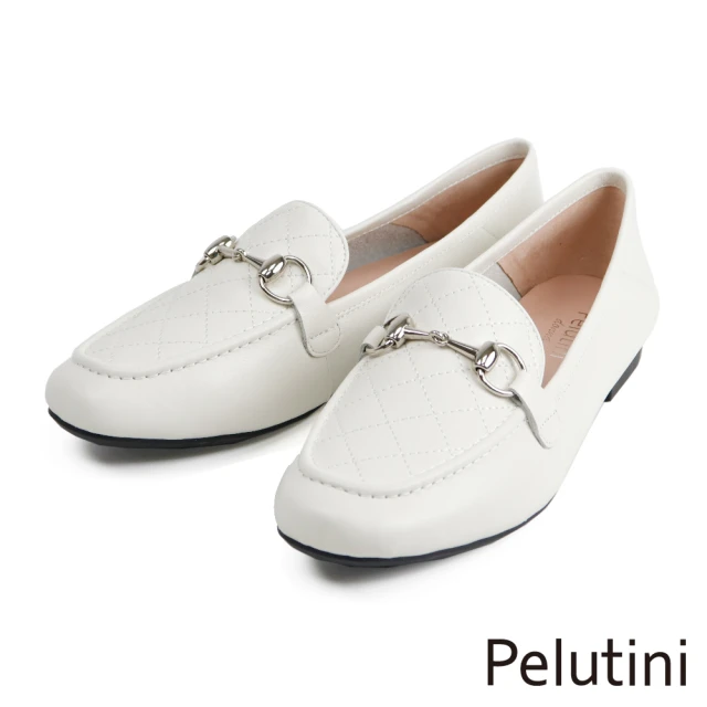 【Pelutini】馬銜扣菱格紋淑女樂福鞋 白色(8757W-WH)