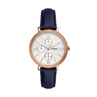 【FOSSIL 官方旗艦館】Jacqueline Multifunction 高雅玫瑰金環鑽指針女錶 藍色真皮錶帶 手錶 38MM ES5096