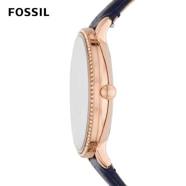 【FOSSIL 官方旗艦館】Jacqueline Multifunction 高雅玫瑰金環鑽指針女錶 藍色真皮錶帶 手錶 38MM ES5096