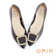 【ORIN】金屬框飾真皮尖頭 女 低跟鞋(黑色)