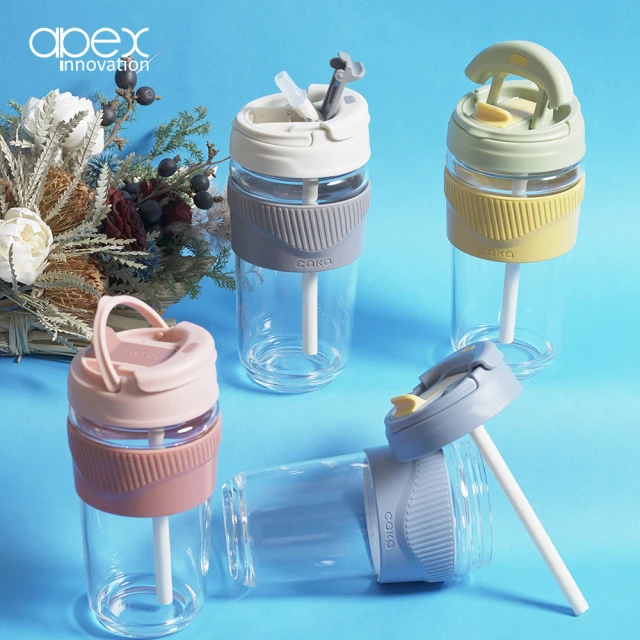 【APEX】歐美直飲吸管兩用耐熱玻璃隨行杯500ML(四色任選/大口徑/提把/支架/咖啡杯)