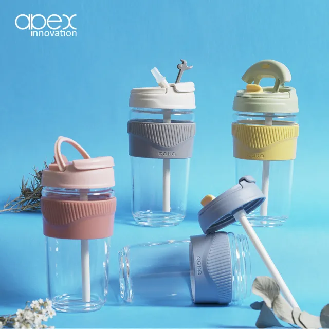 【APEX】歐美直飲吸管兩用耐熱玻璃隨行杯500ML(四色任選/大口徑/提把/支架/咖啡杯)