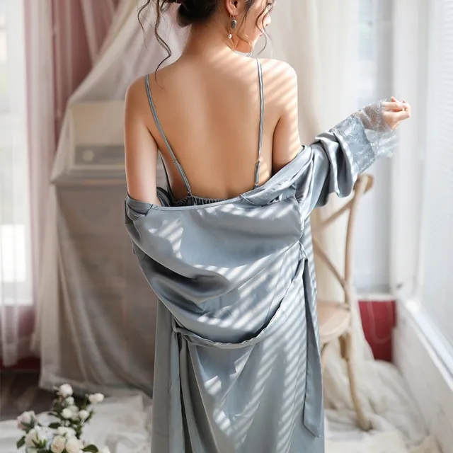 【BRIGA HS5916】BRIGA HS5916設計師款薄款性感冰絲吊帶睡裙睡袍兩件套☆面絲綢家居服(HS5916)