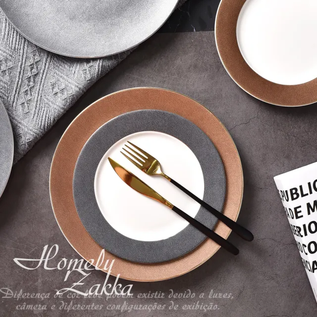 【Homely Zakka】北歐輕奢風金邊皮革陶瓷餐具/牛排盤/西餐盤_淺盤銀邊灰色27cm(餐具 餐碗 盤子 器皿)