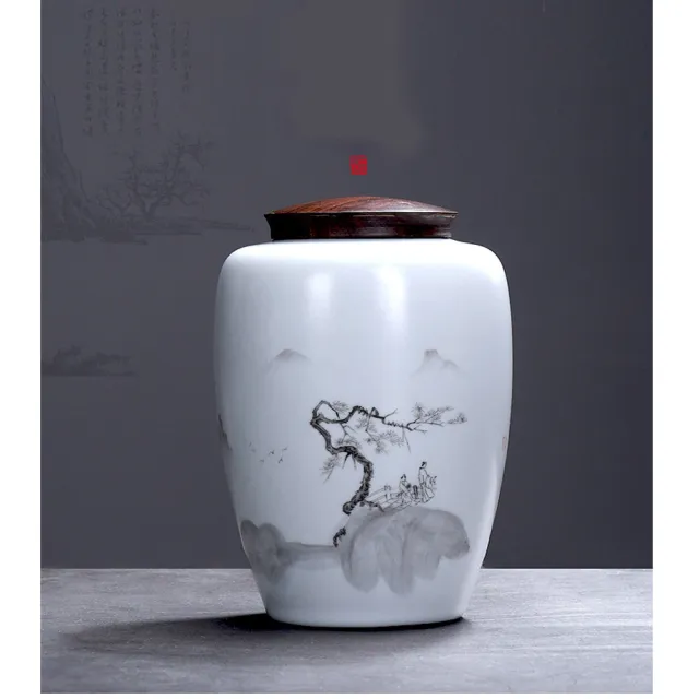 【古緣居】悠然山水陶瓷木蓋密封茶葉罐儲物罐套組(高罐+矮罐)