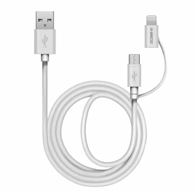 【A-BECO】二合一 USB-A to Micro / Lightning 1M MFi認證轉接充電傳輸線(福利品)