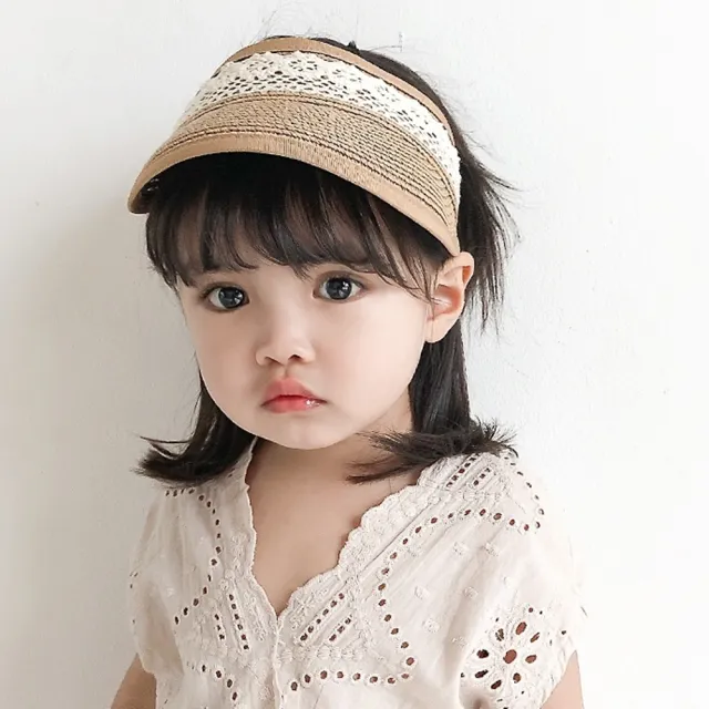 【Emi 艾迷】兒童 夏日草帽 可愛蕾絲 空頂 遮陽帽 2-7歲可配戴 寶寶 幼兒 童帽 防疫帽(送童帽用防疫擋板)