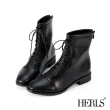 【HERLS】短靴-綁帶造型橢圓頭皮革短靴軍靴(黑色)