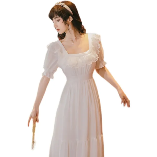 【維拉森林】現貨-玩美衣櫃優雅蕾絲荷葉擺方領純色高腰蛋糕裙洋裝S-L(共二色)