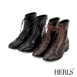 【HERLS】短靴-綁帶造型橢圓頭皮革短靴軍靴(深棕色)