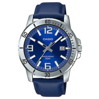 【CASIO 卡西歐】指針錶 皮革錶帶 礦物玻璃 防水50米 日期顯示(MTP-VD01L-2B)