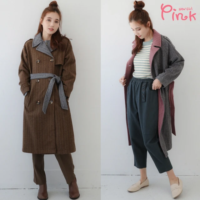 【PINK NEW GIRL】毛呢質感翻領撞色長版大衣/外套．附綁帶 U5706SD(2色)