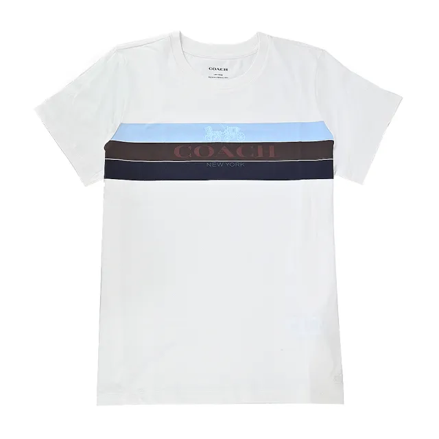 【COACH】三色條紋馬車LOGO印花短袖T恤(白)
