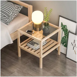 【新錸家居】IKEA北歐風★天然松木+強化玻璃床邊桌置物架-40cm(茶几 小方桌 臥室客廳玄關收納)